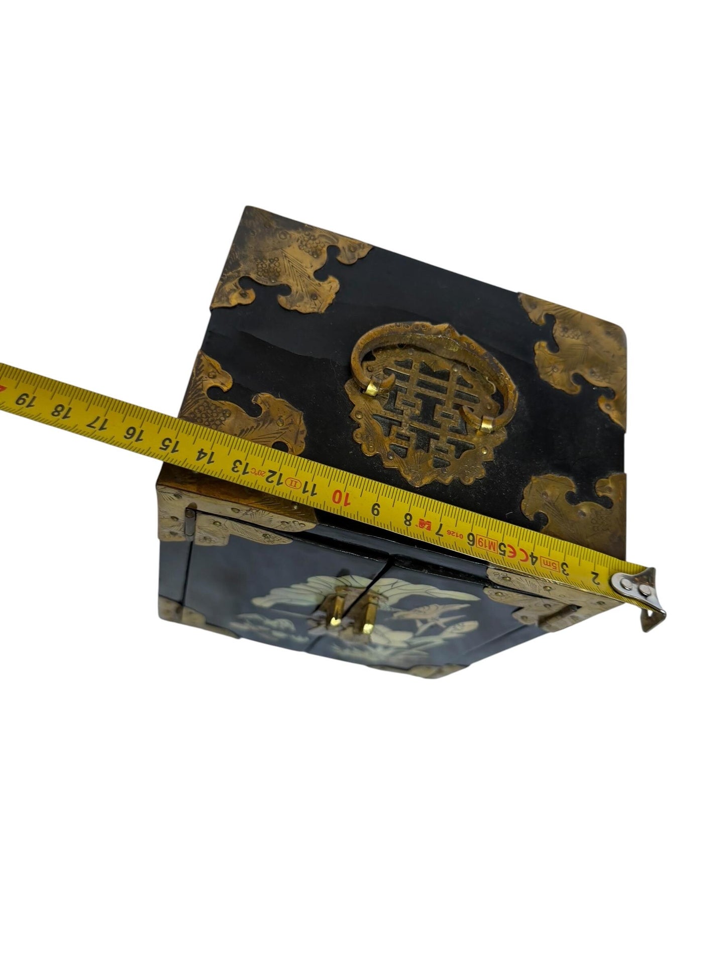 Vintage Chinese Lacquer Jewelry cabinet Box, Mother of Pearl Inlay, Wood Cabinet incl locker
