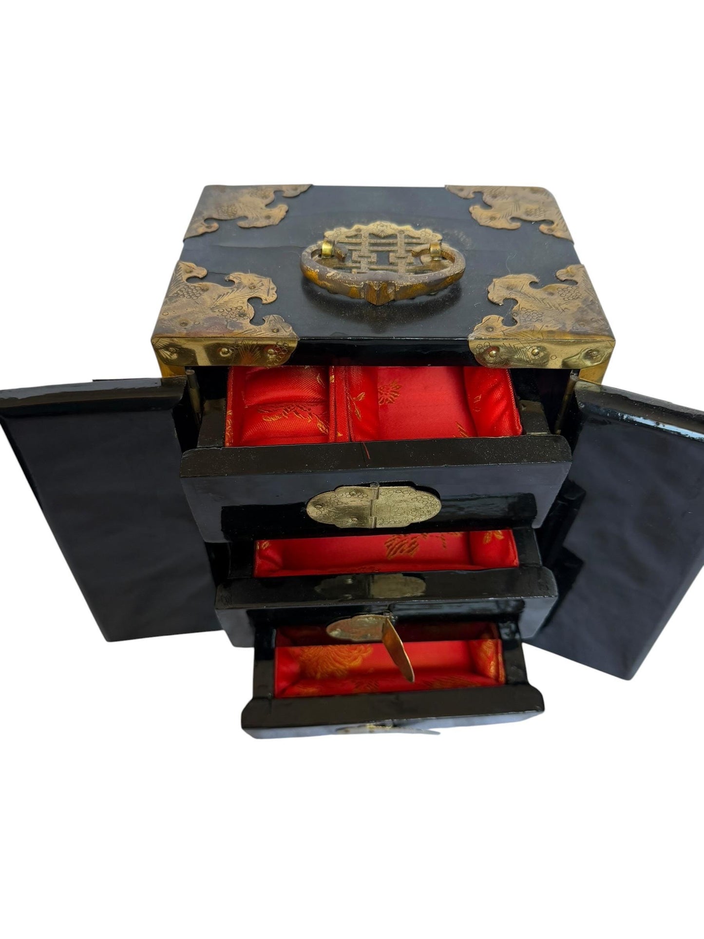 Vintage Chinese Lacquer Jewelry cabinet Box, Mother of Pearl Inlay, Wood Cabinet incl locker