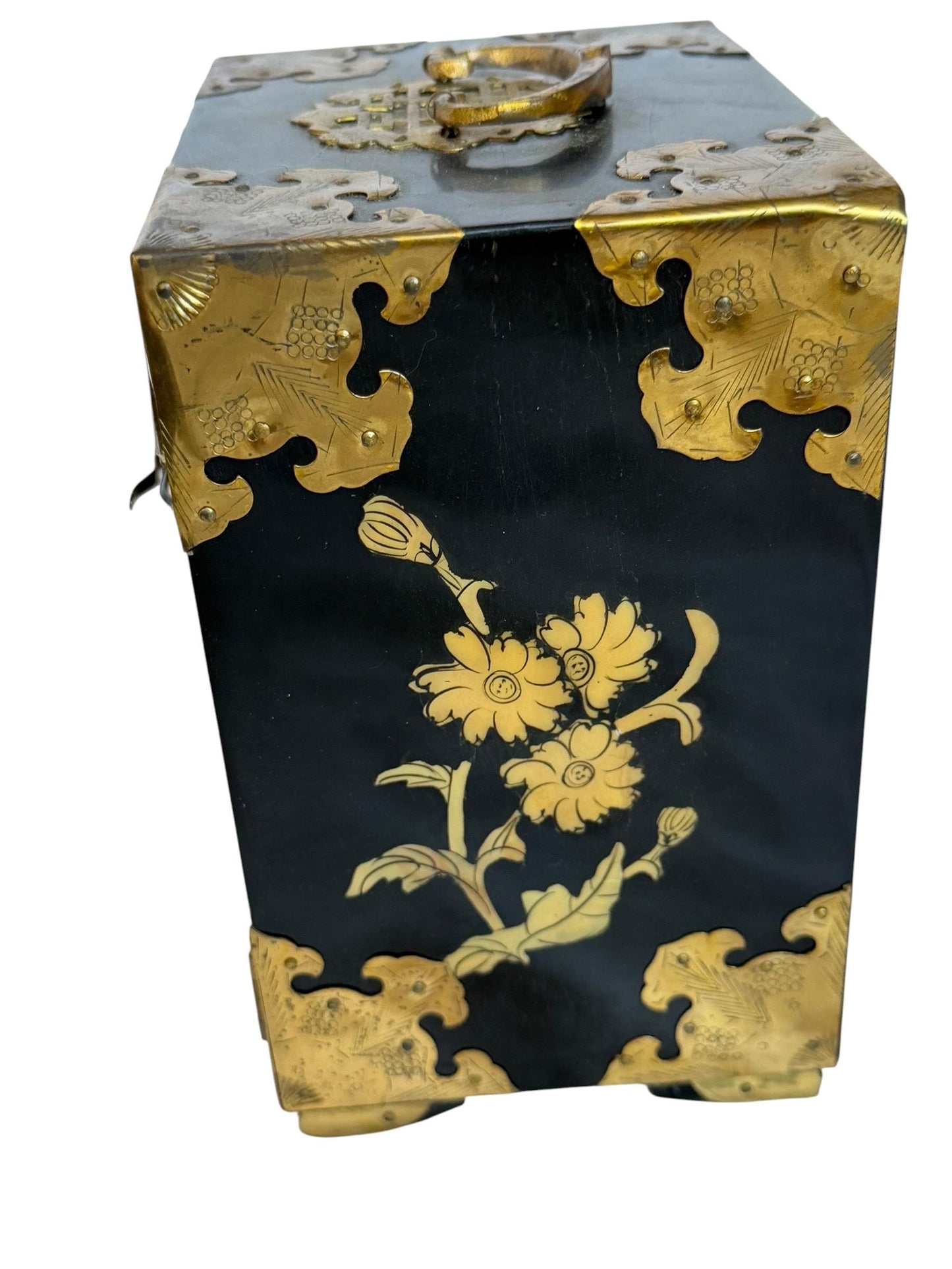 Vintage Chinese Lacquer Jewelry cabinet Box, Mother of Pearl Inlay, Wood Cabinet incl locker
