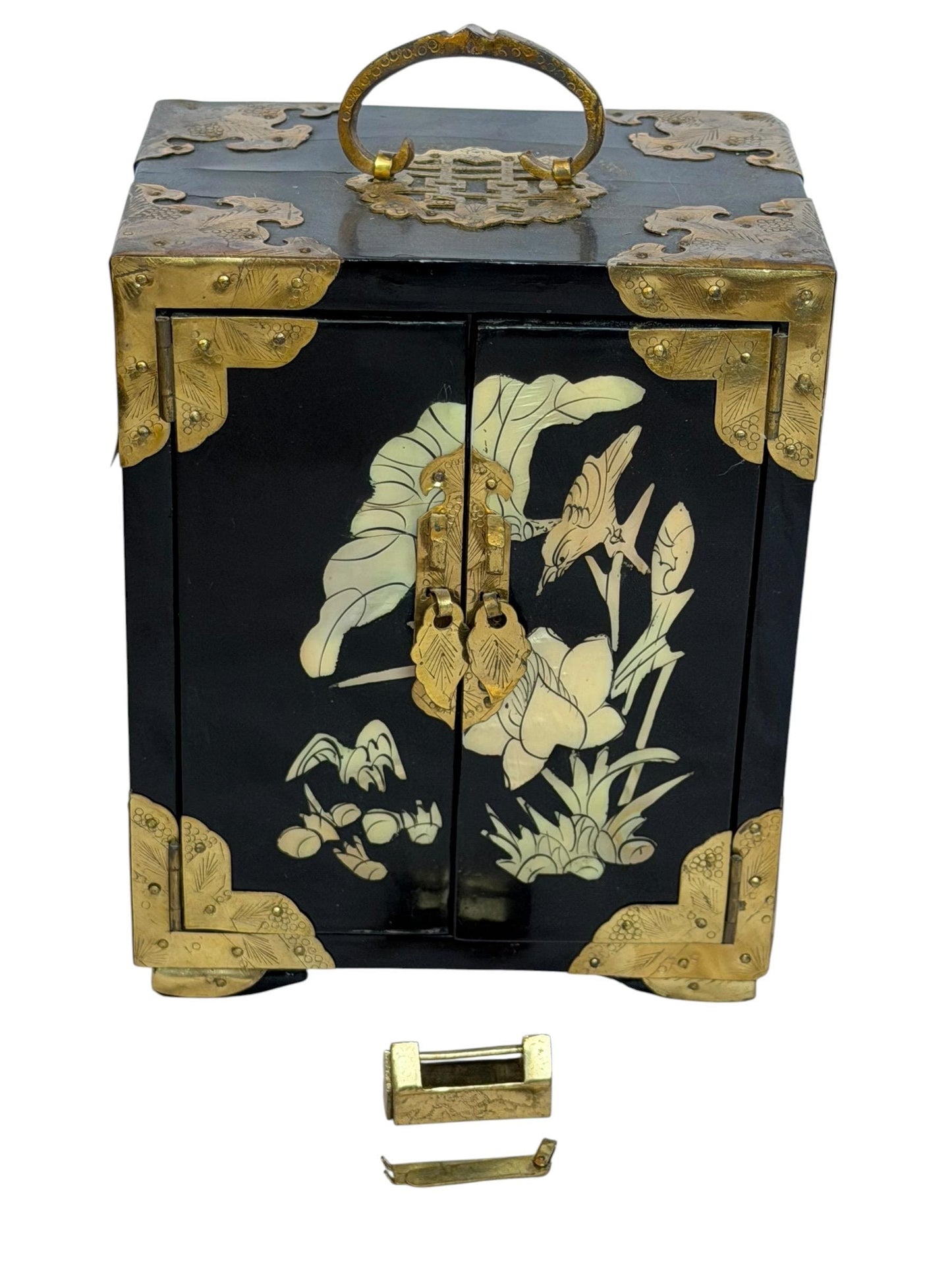 Vintage Chinese Lacquer Jewelry cabinet Box, Mother of Pearl Inlay, Wood Cabinet incl locker
