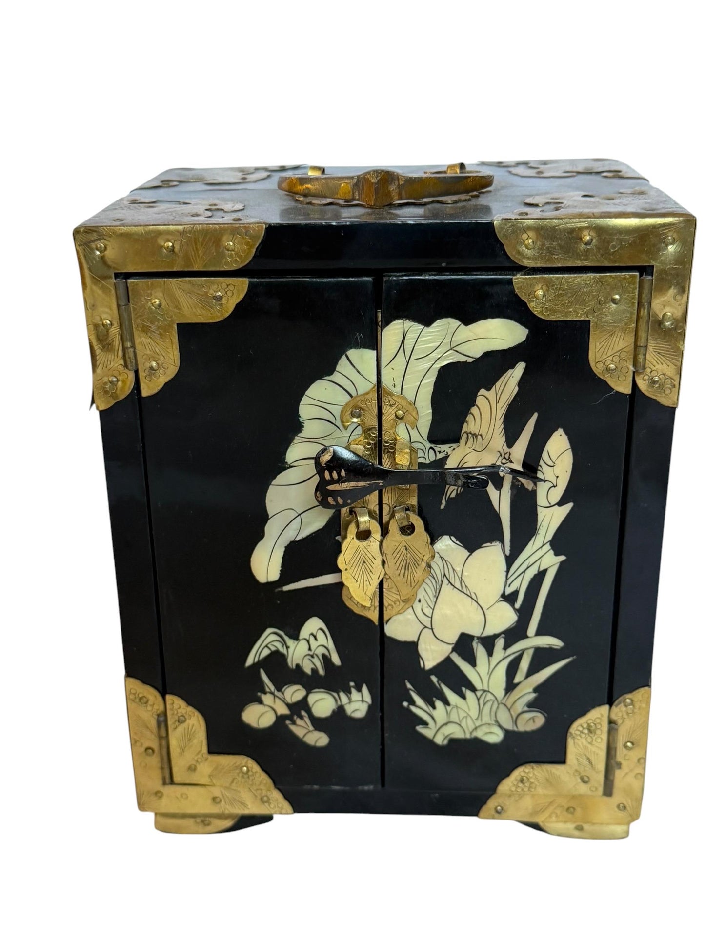 Vintage Chinese Lacquer Jewelry cabinet Box, Mother of Pearl Inlay, Wood Cabinet incl locker