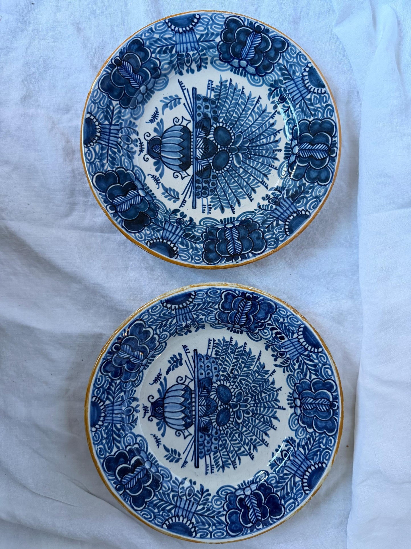 Antique pair of  Delft blue Plates,  dutch pottery ,  Handpainted Decor, 18th Century (Set of 2) wallplates peacock