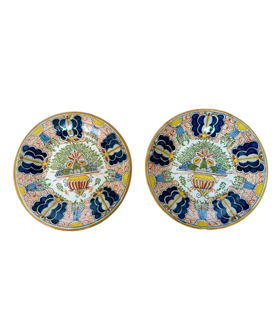 Antique pair of  Delft polychrome peacock Plates,  dutch pottery ,  Handpainted Decor, 18th Century (Set of 2) wallplates peacock