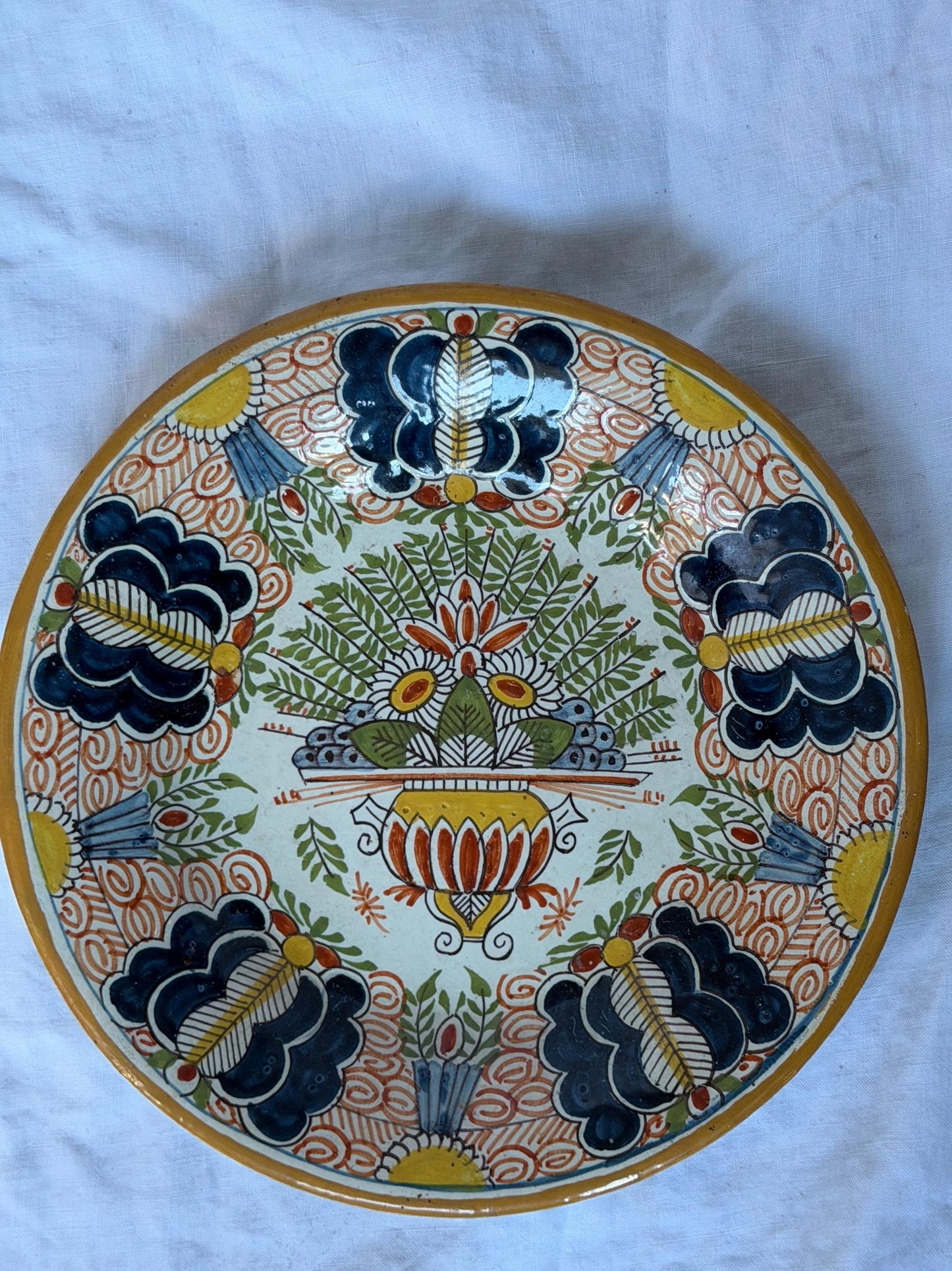 Antique pair of  Delft polychrome peacock Plates,  dutch pottery ,  Handpainted Decor, 18th Century (Set of 2) wallplates peacock