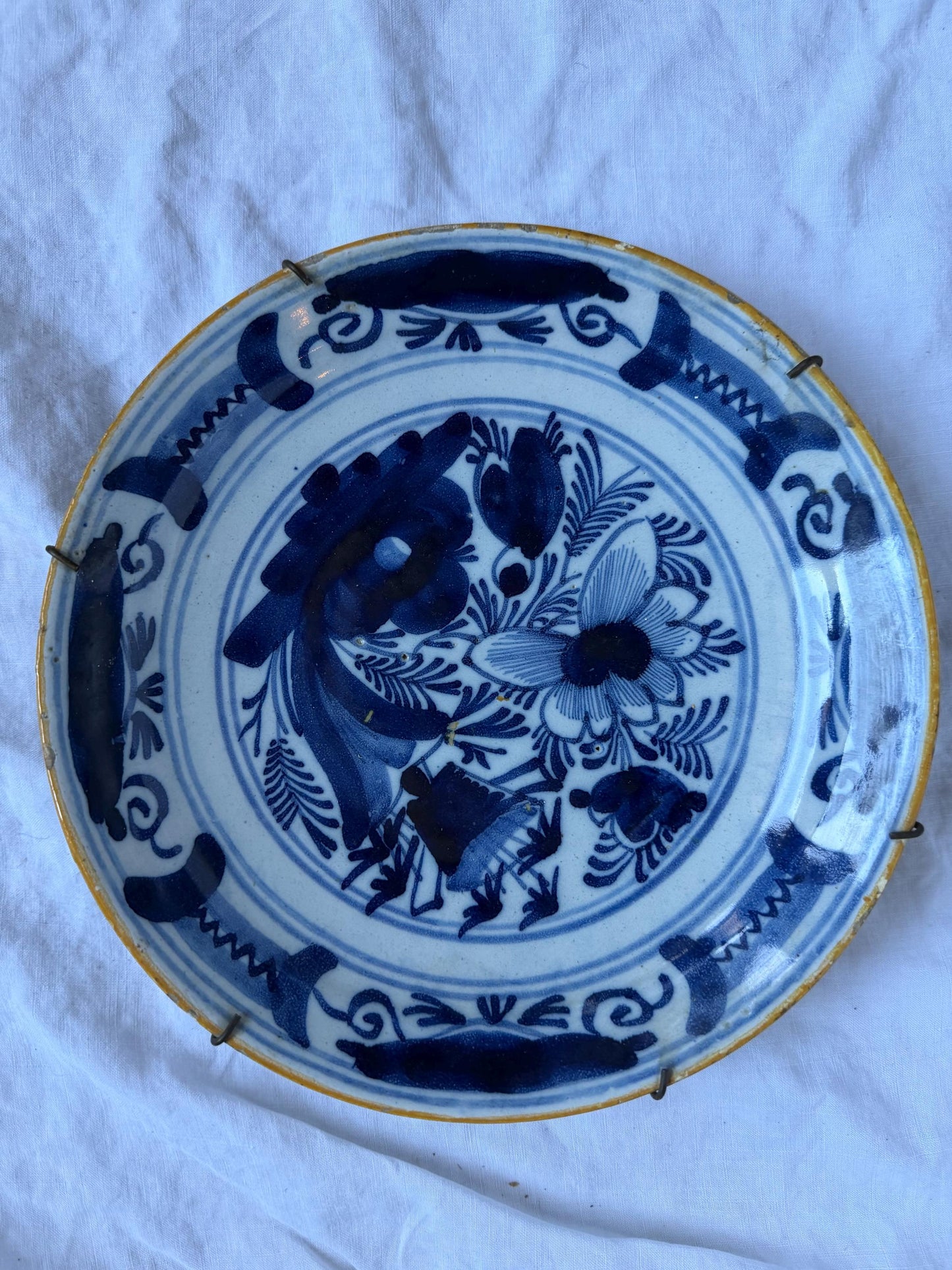 Antique Delft Plate, pottery,  18th Century Dutch Chinoiserie, Oriental flower Decor. Wall dish