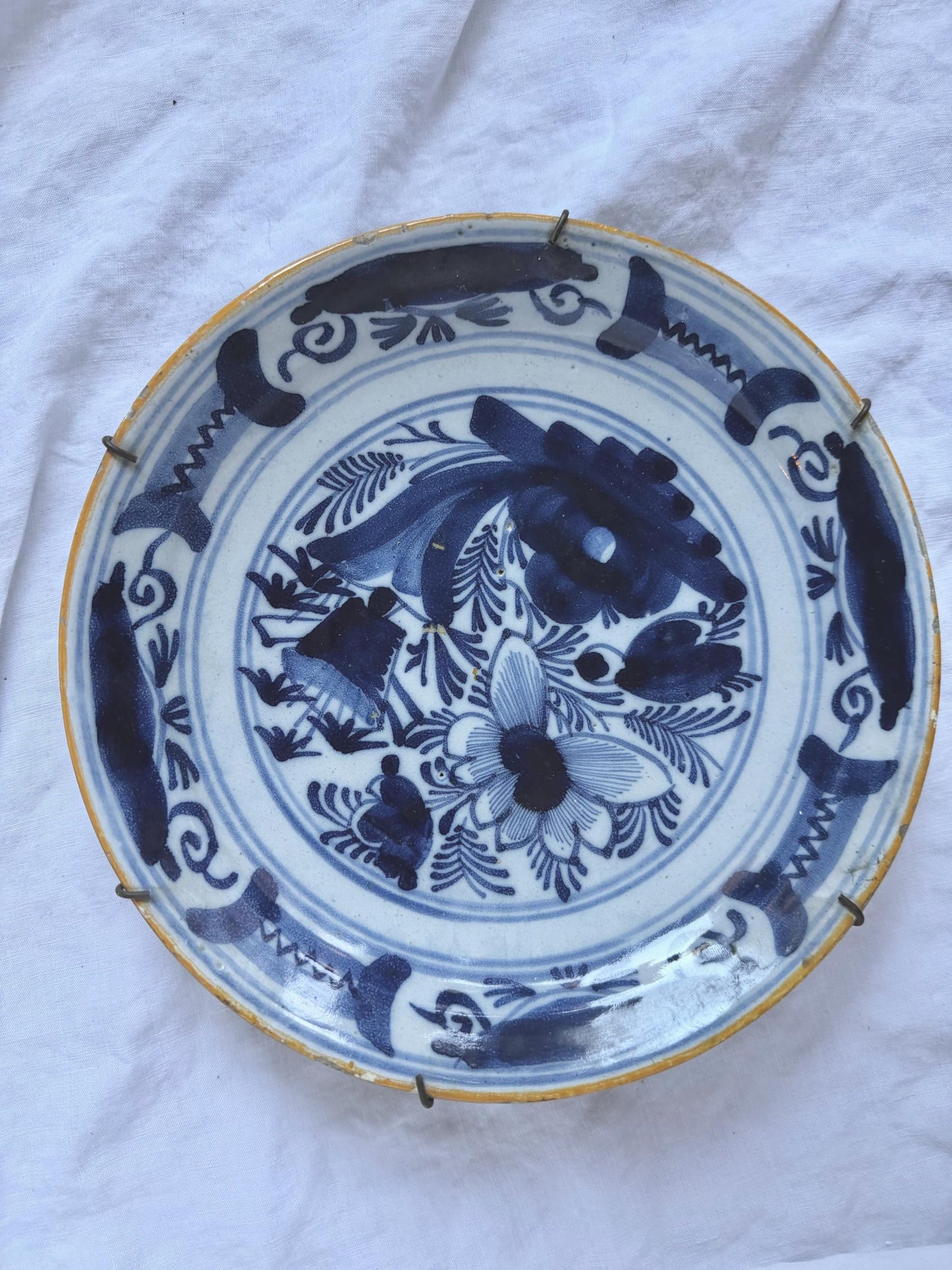 Antique Delft Plate, pottery,  18th Century Dutch Chinoiserie, Oriental flower Decor. Wall dish