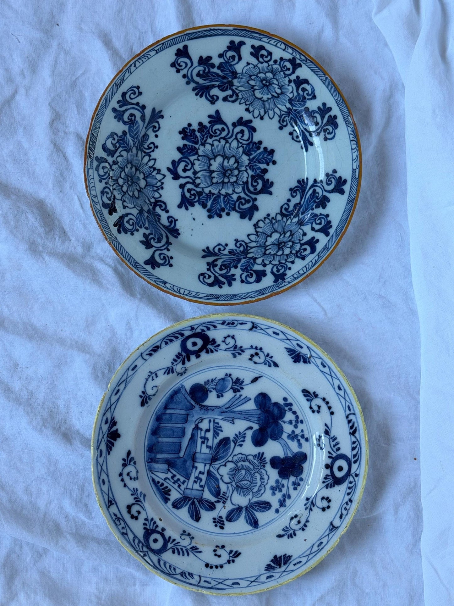 Antique Delft Plates, 18th Century Dutch flower decor