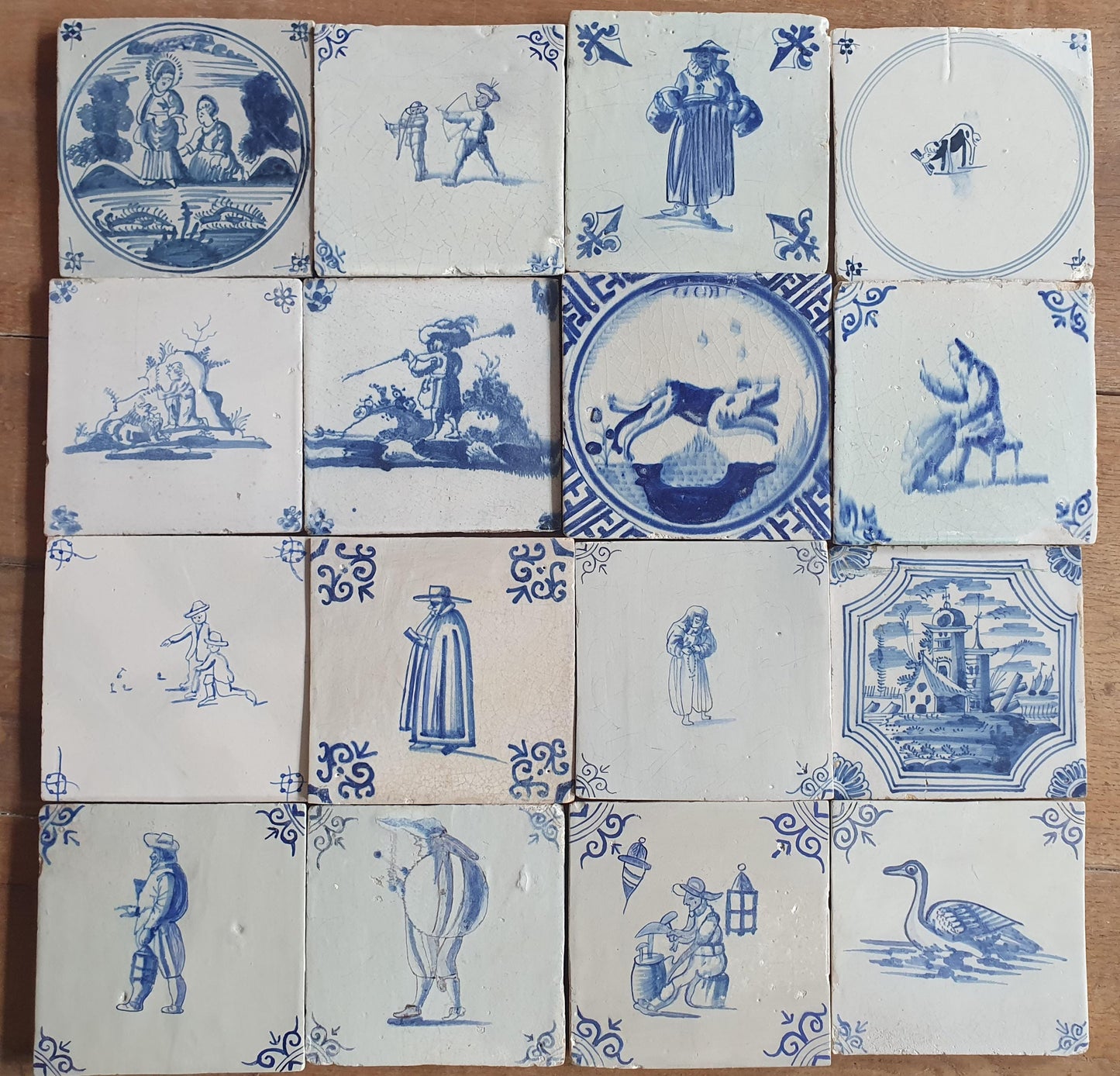 16 x Antique Delft Mix Tiles, 17th-19th  Century Dutch Wall Decor. tile