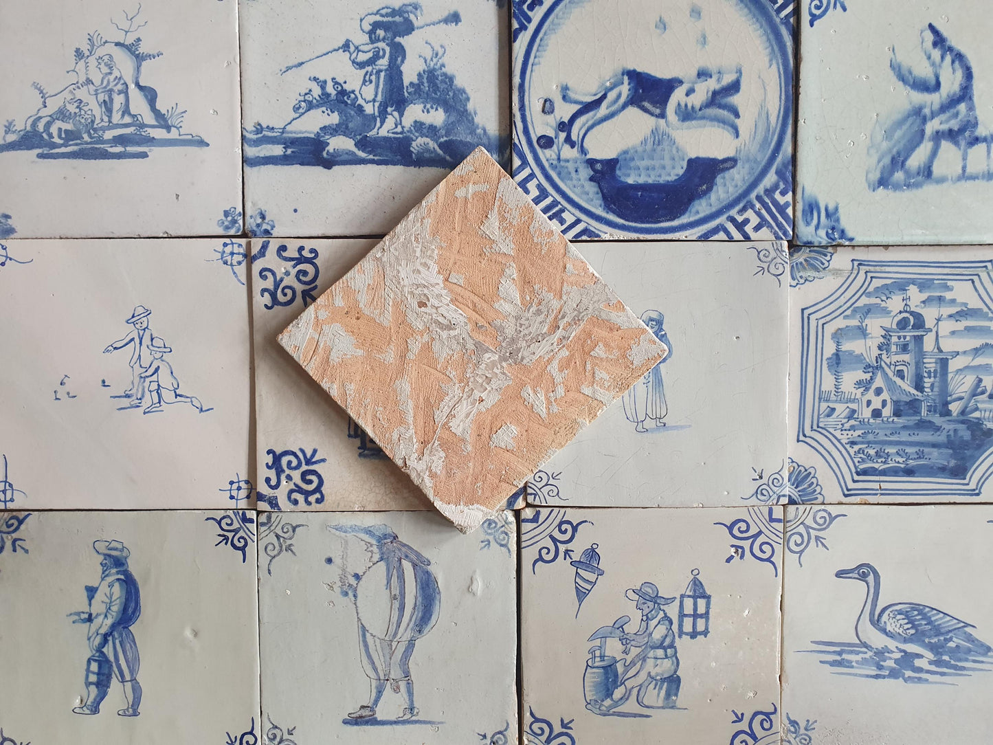 16 x Antique Delft Mix Tiles, 17th-19th  Century Dutch Wall Decor. tile