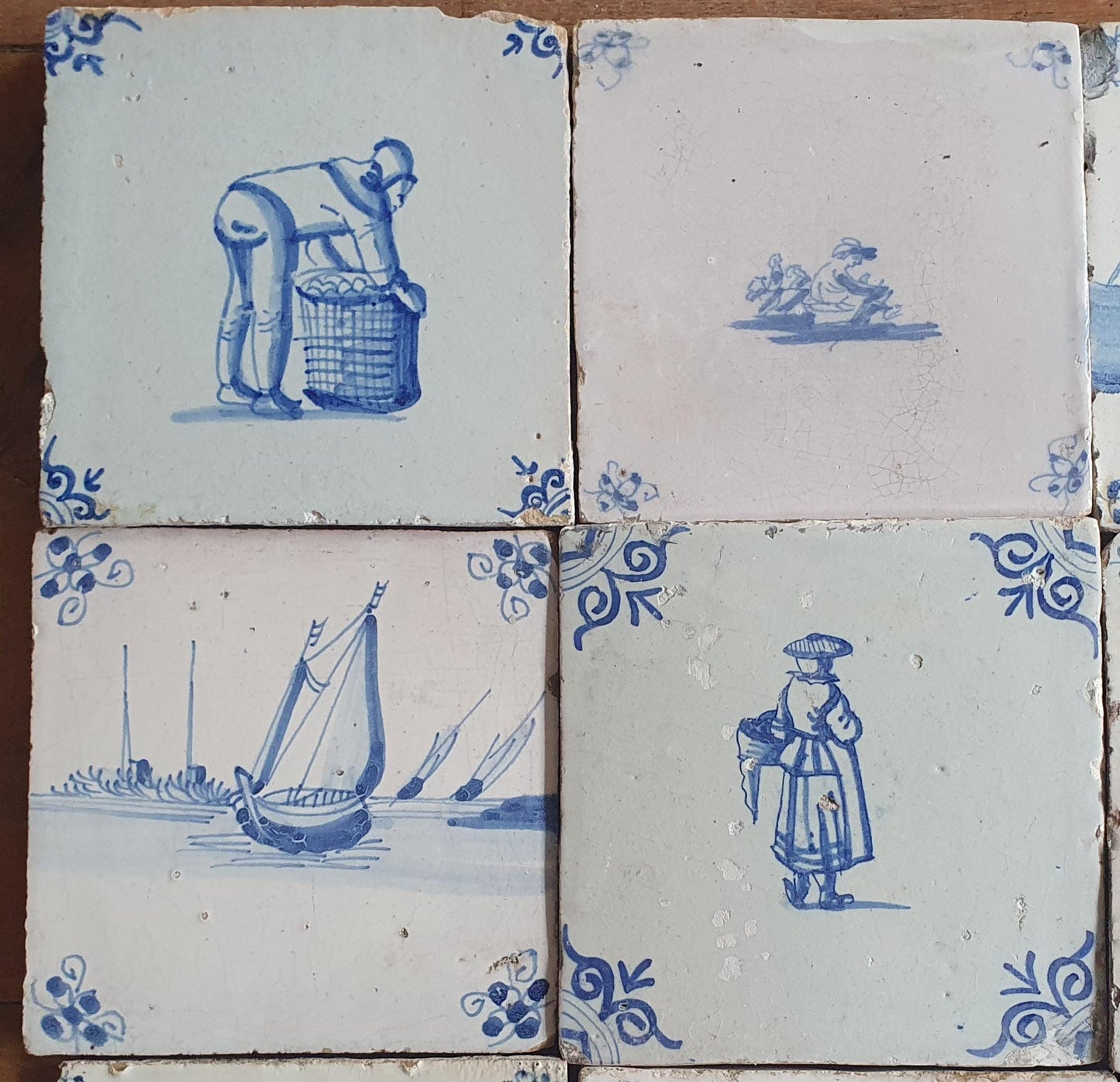 16 x Antique Delft Mix Tiles, 17th-18th  Century Dutch Wall Decor. figuetile