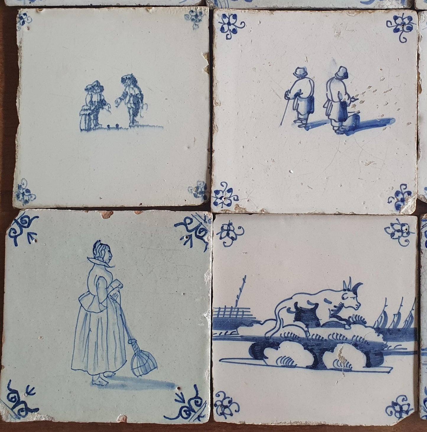 16 x Antique Delft Mix Tiles, 17th-18th  Century Dutch Wall Decor. figuetile