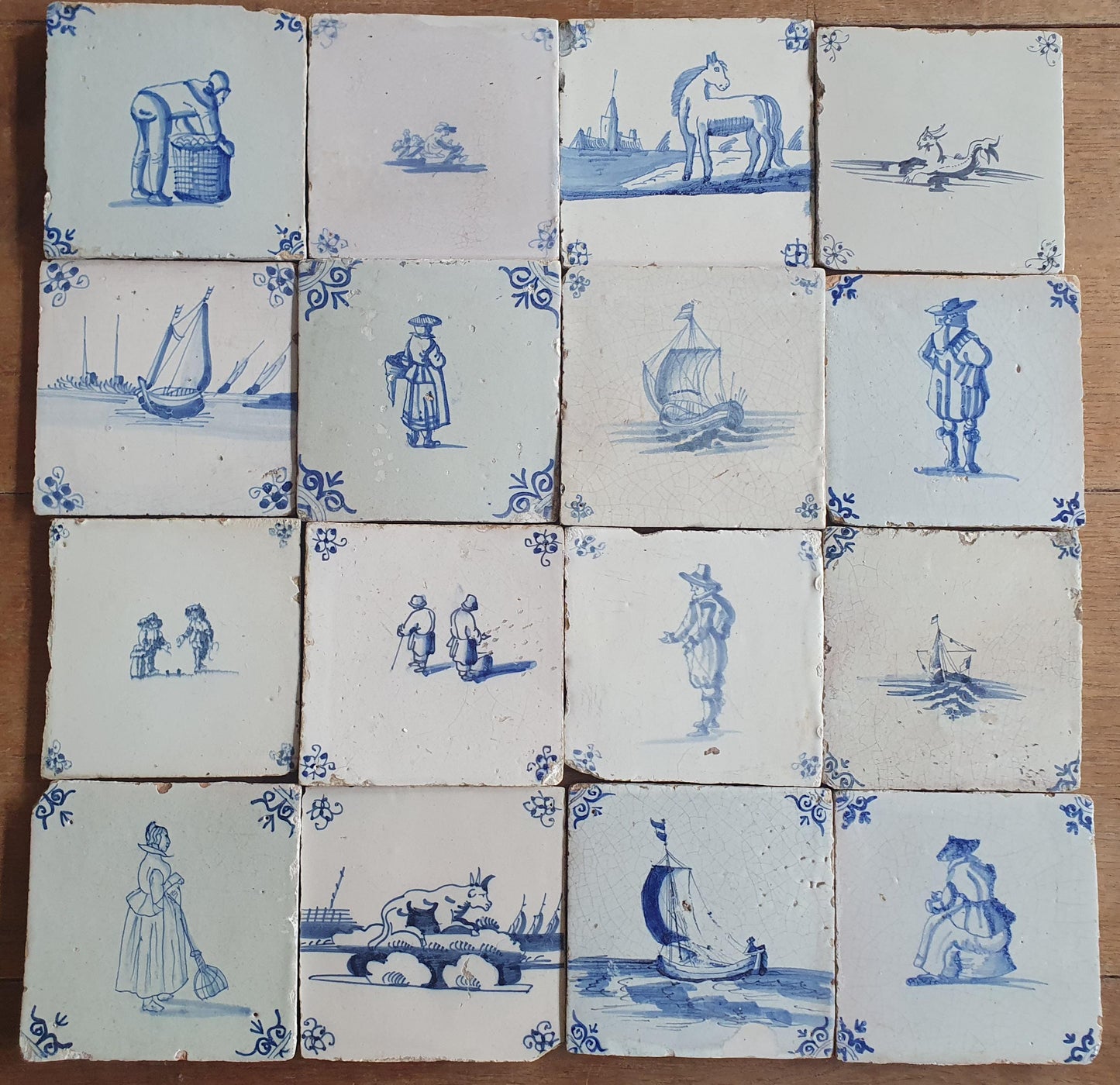 16 x Antique Delft Mix Tiles, 17th-18th  Century Dutch Wall Decor. figuetile