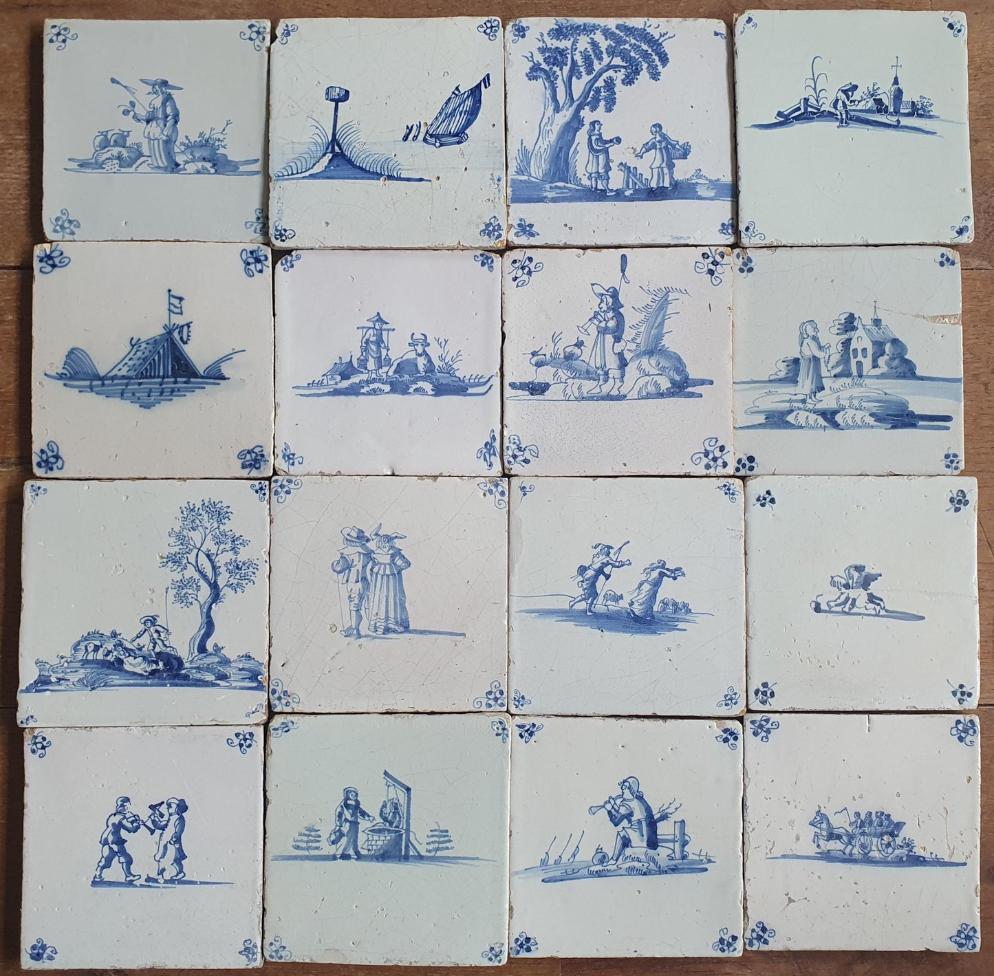 16 x Antique Delft Mix Tiles, 17th-18th  Century Dutch Wall Decor. figuetile