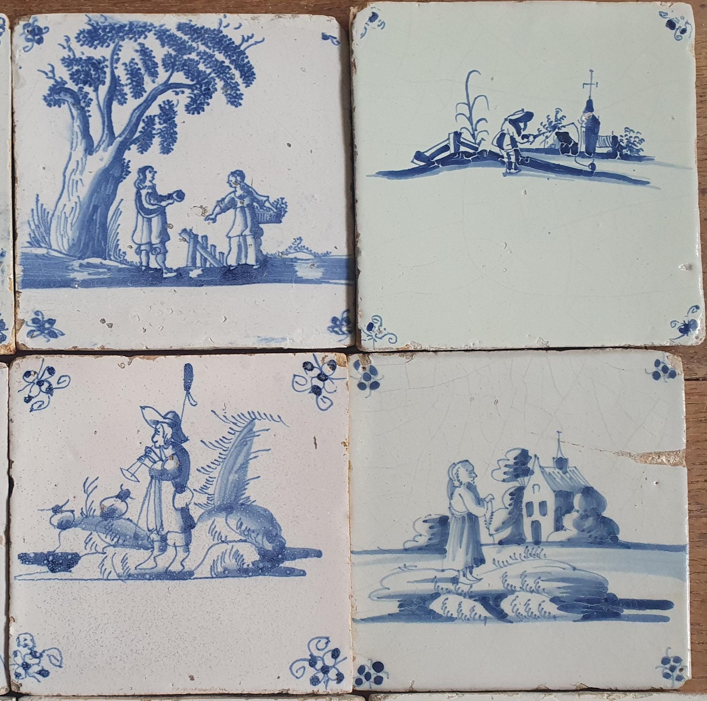 16 x Antique Delft Mix Tiles, 17th-18th  Century Dutch Wall Decor. figuetile