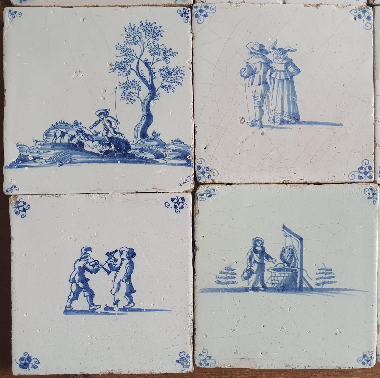 16 x Antique Delft Mix Tiles, 17th-18th  Century Dutch Wall Decor. figuetile