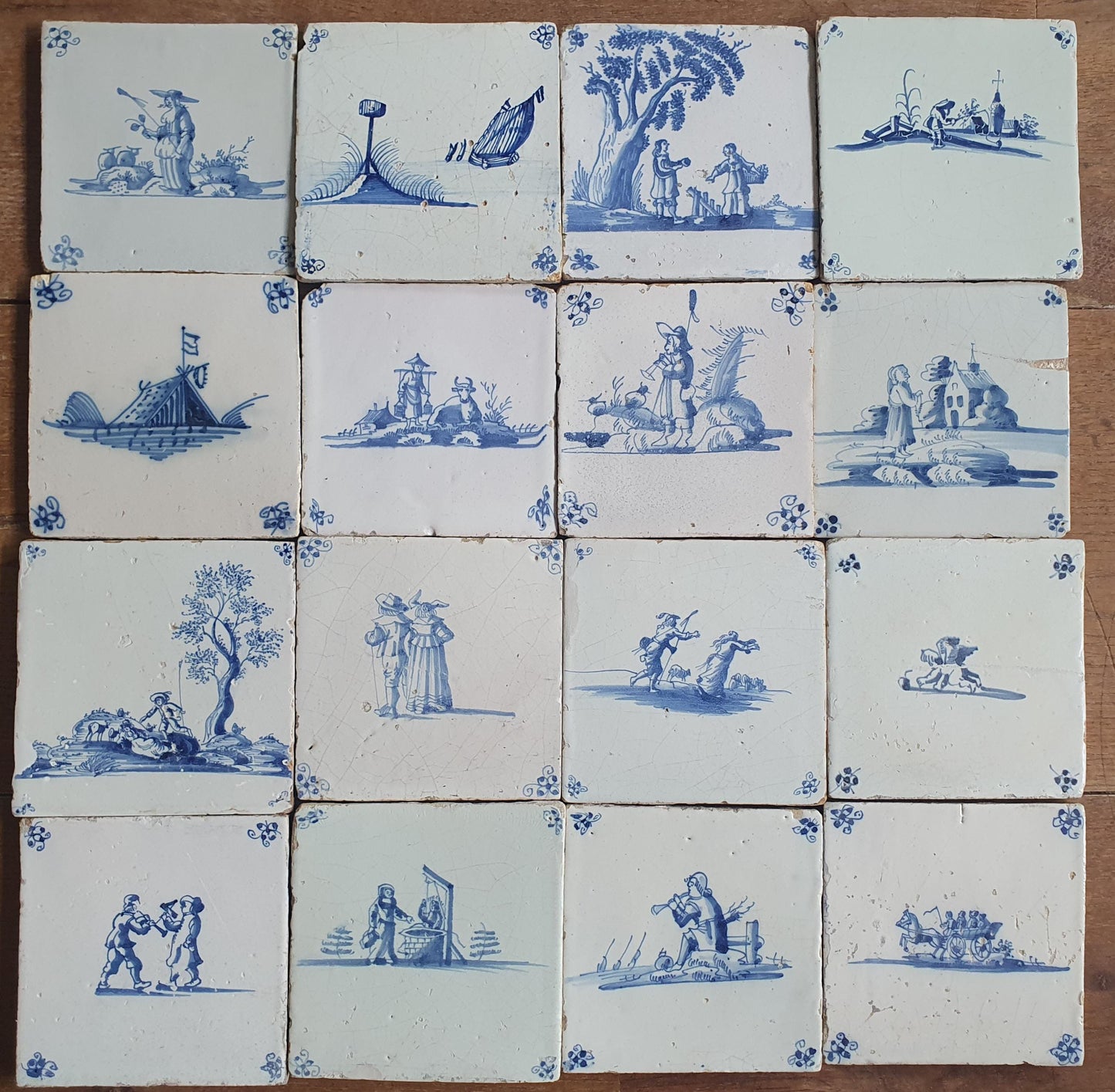 16 x Antique Delft Mix Tiles, 17th-18th  Century Dutch Wall Decor. figuetile