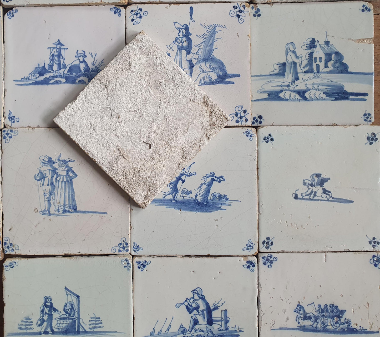16 x Antique Delft Mix Tiles, 17th-18th  Century Dutch Wall Decor. figuetile