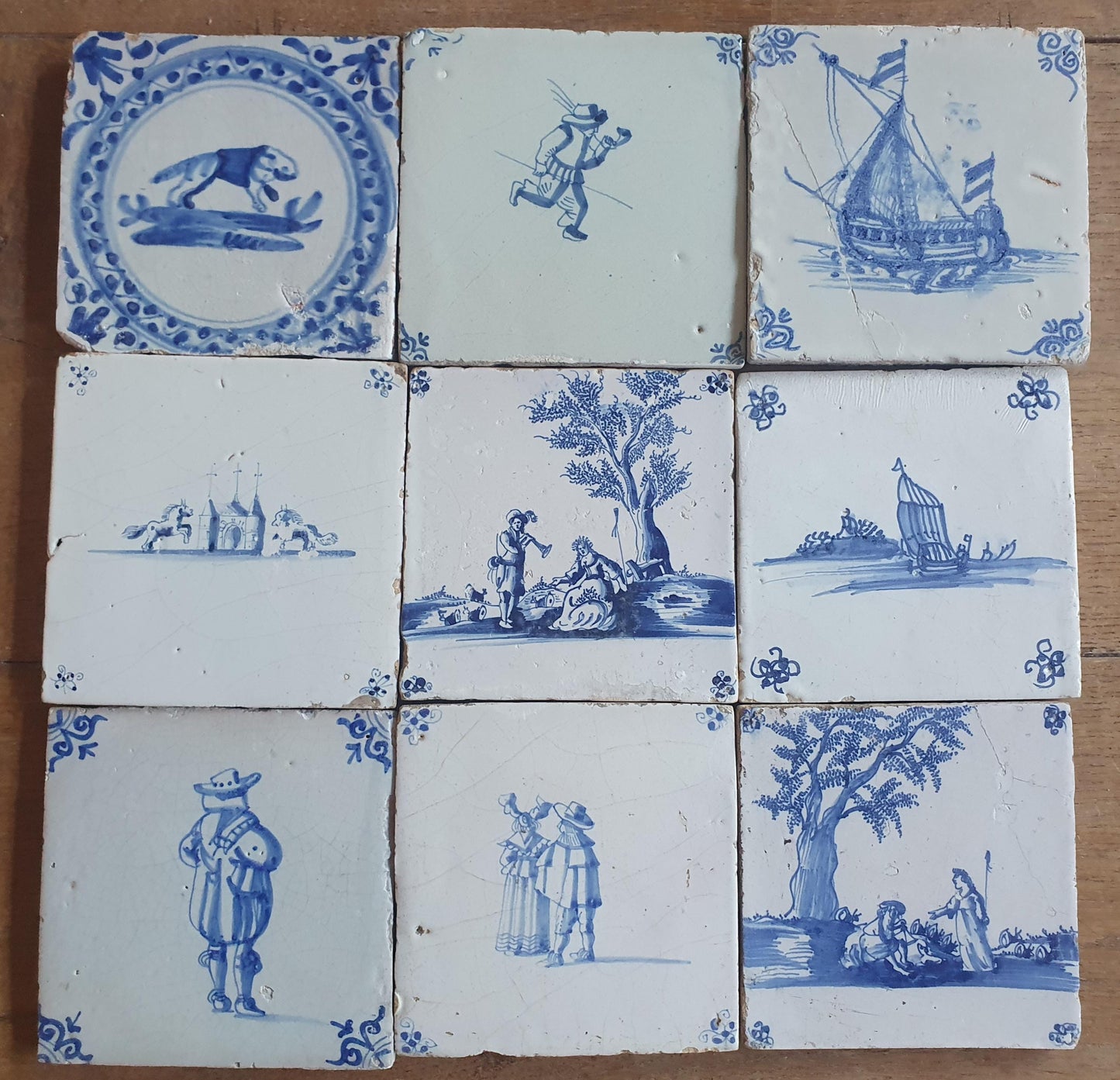 9 x Antique Delft Mix Tiles, 17th-18th  Century Dutch Wall Decor. figuetile