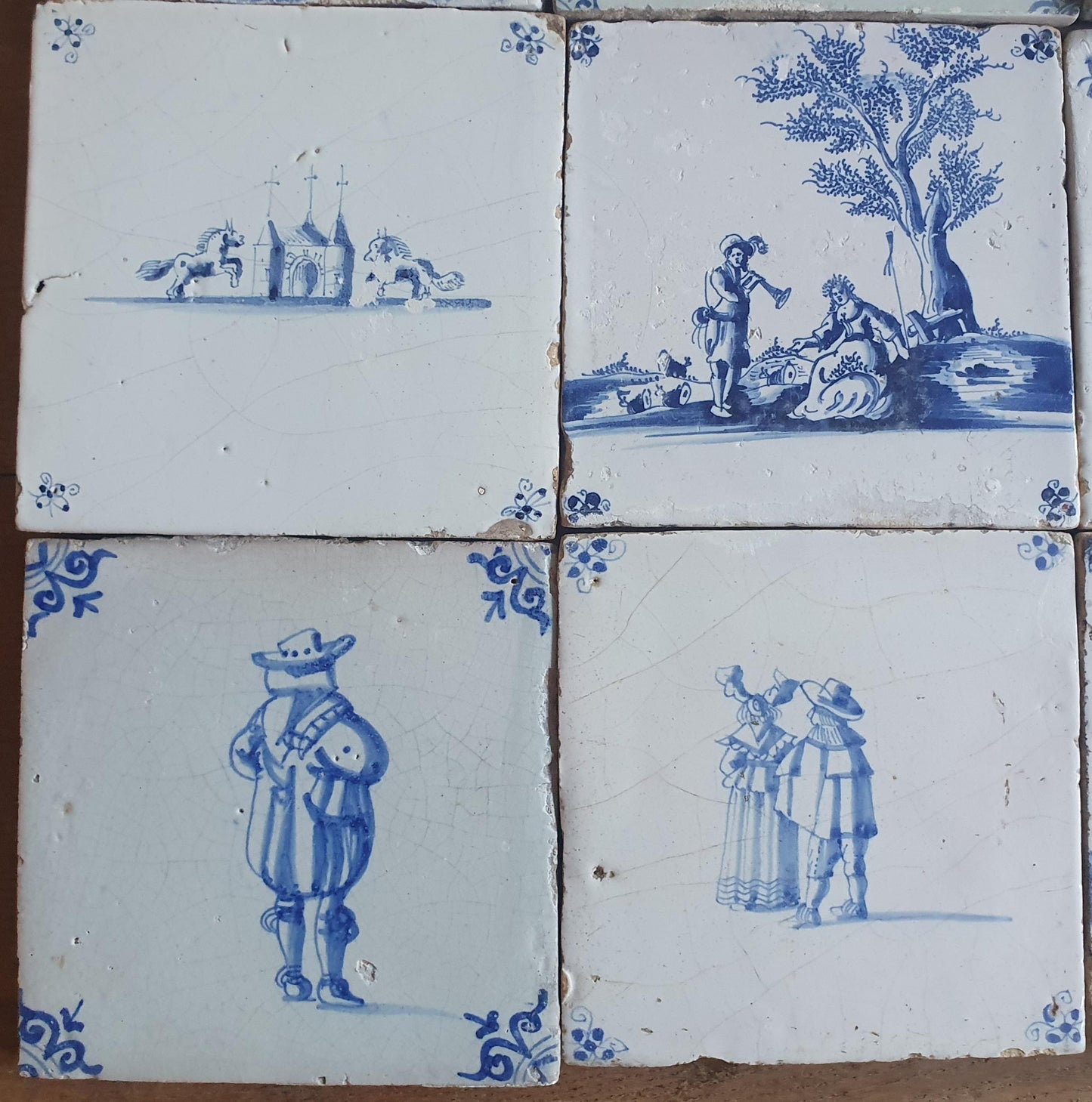 9 x Antique Delft Mix Tiles, 17th-18th  Century Dutch Wall Decor. figuetile