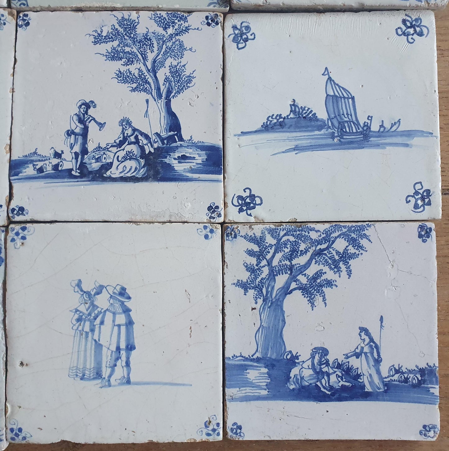 9 x Antique Delft Mix Tiles, 17th-18th  Century Dutch Wall Decor. figuetile