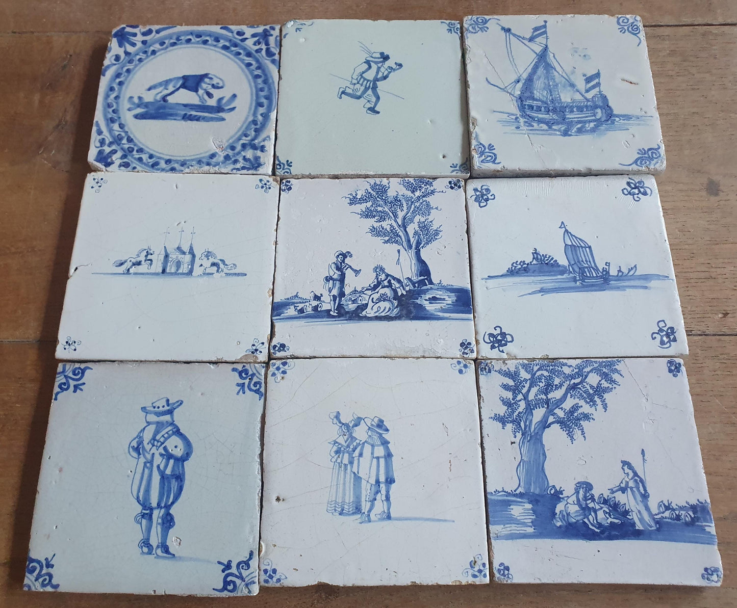 9 x Antique Delft Mix Tiles, 17th-18th  Century Dutch Wall Decor. figuetile