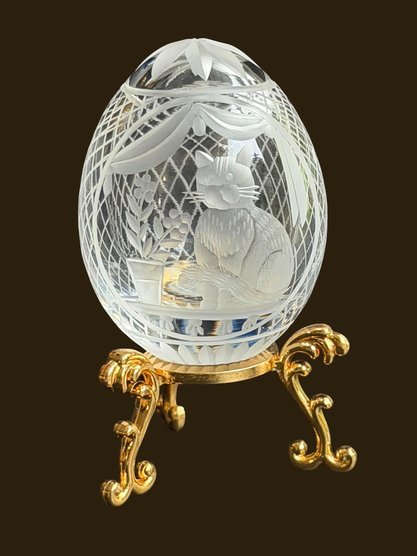 Faberge Cat Crystal Egg, etched engraved Limited Edition, signed, numbered Fabergé - perfect Collector object