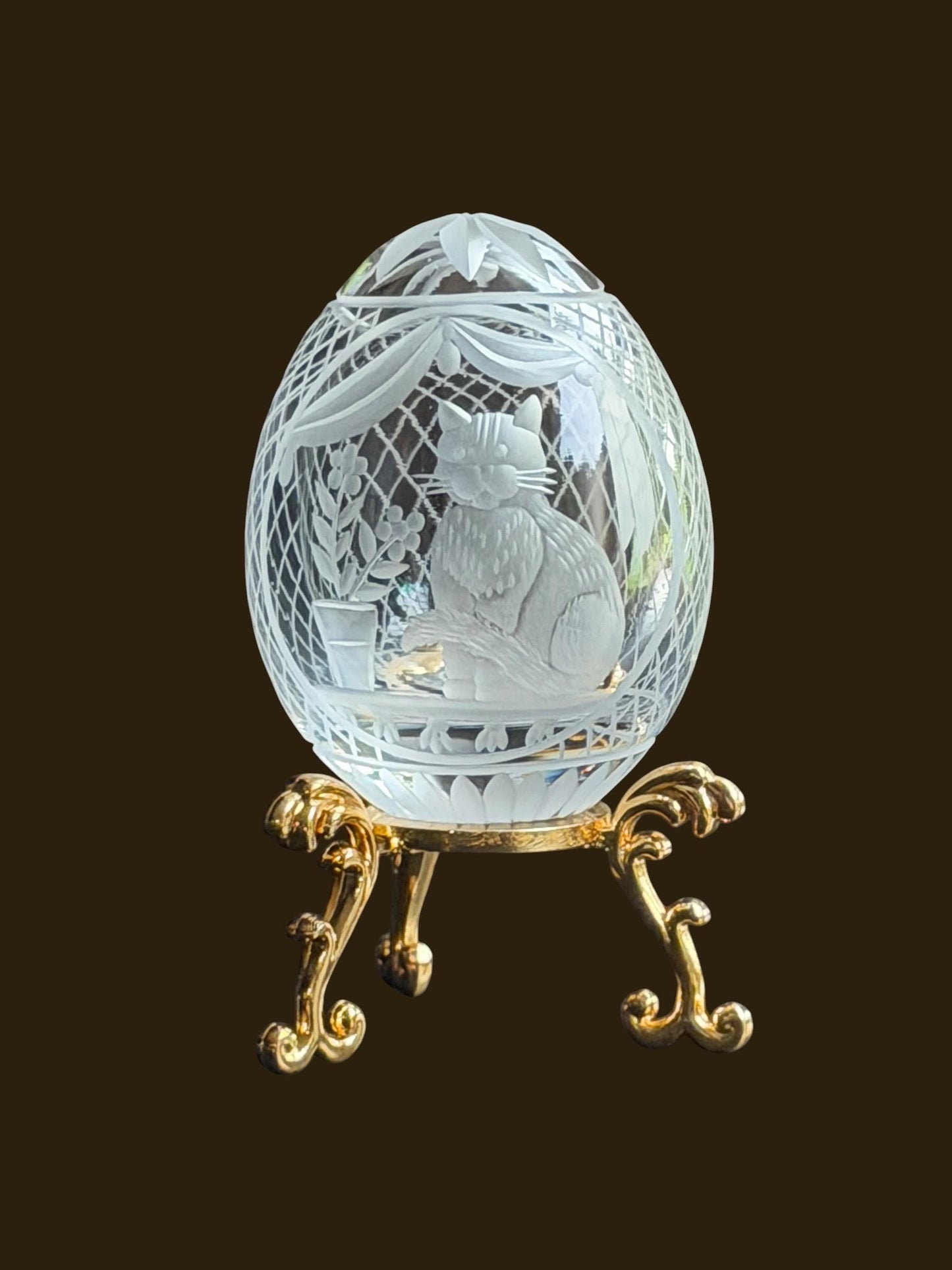 Faberge Cat Crystal Egg, etched engraved Limited Edition, signed, numbered Fabergé - perfect Collector object
