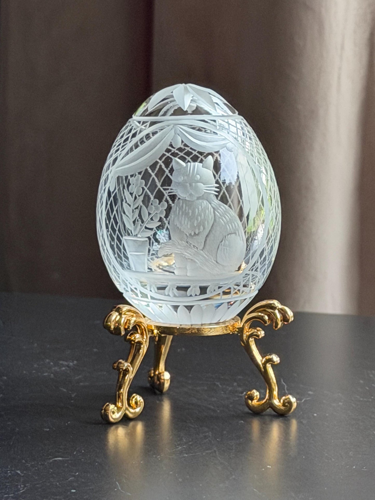 Faberge Cat Crystal Egg, etched engraved Limited Edition, signed, numbered Fabergé - perfect Collector object