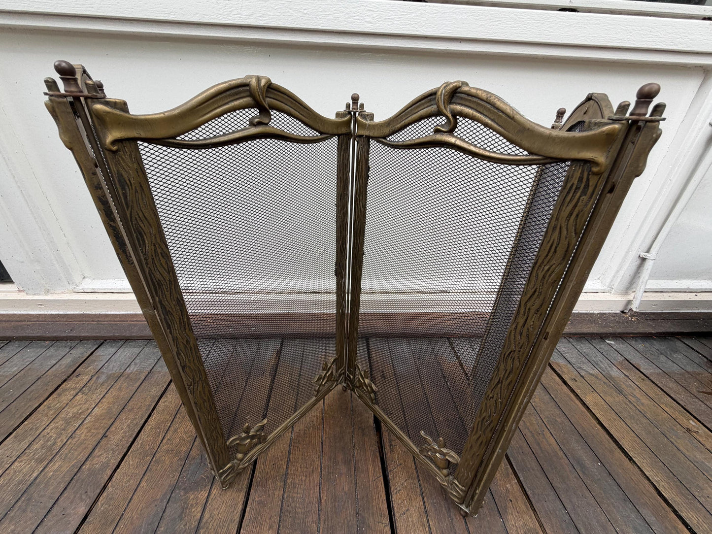Firescreen, antique art nouveau brass, chique fireplace screen furniture with irisses. Art nouveau botanical