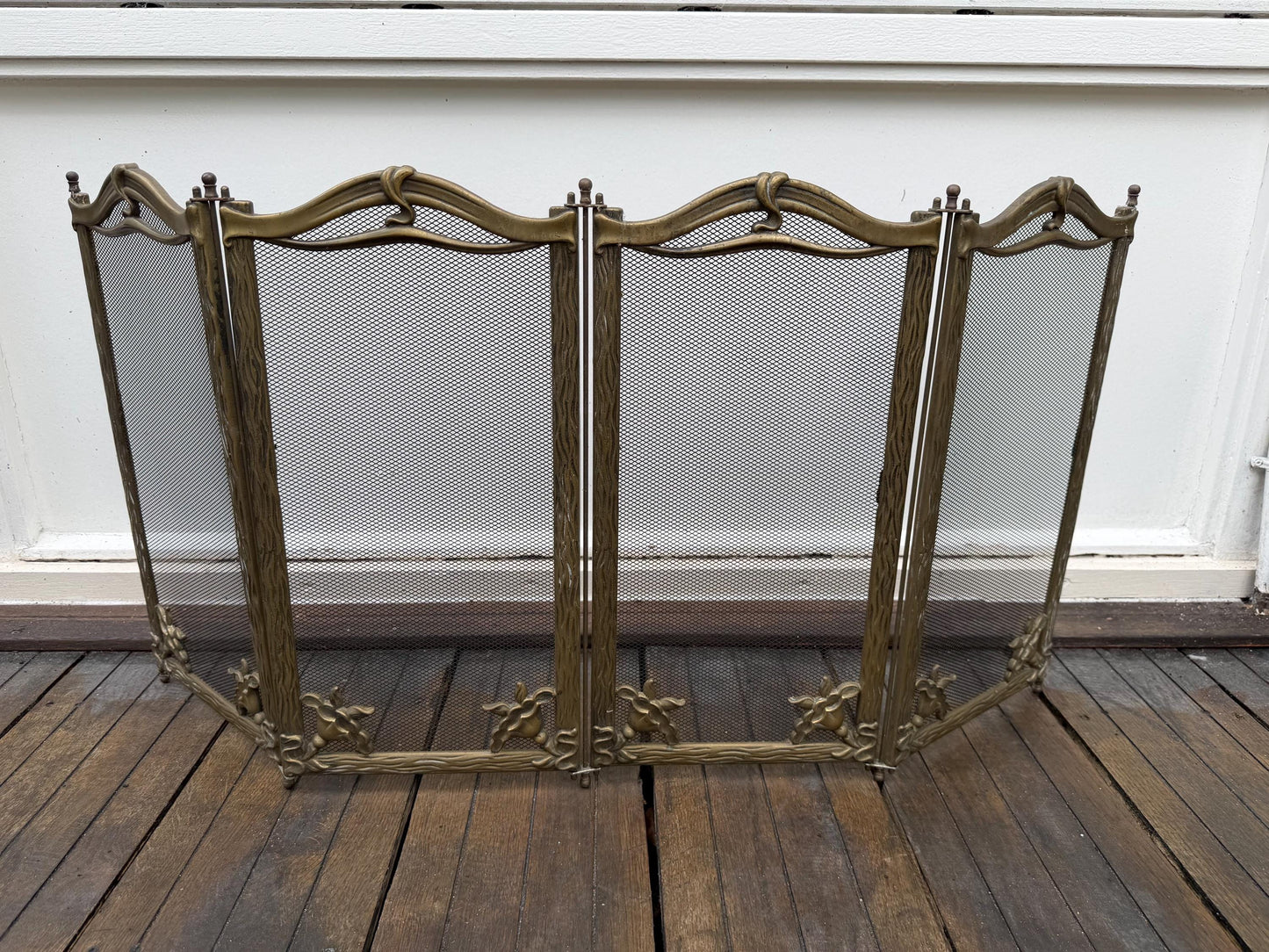 Firescreen, antique art nouveau brass, chique fireplace screen furniture with irisses. Art nouveau botanical