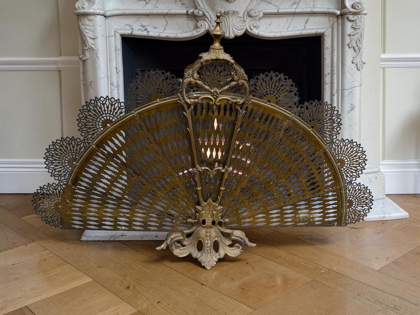 Antique Victorian Brass Peacock Fan Fireplace Screen, 19th Century, perfect