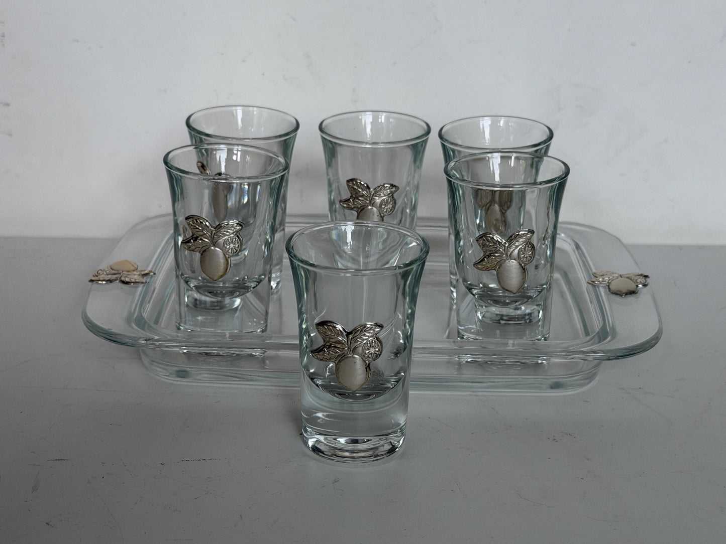 Limoncello 925 silver glasses on tray, liquer crystal , vintage italy,