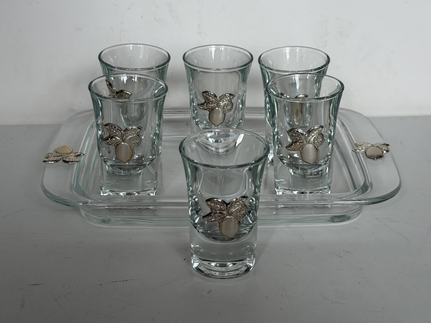 Limoncello 925 silver glasses on tray, liquer crystal , vintage italy,