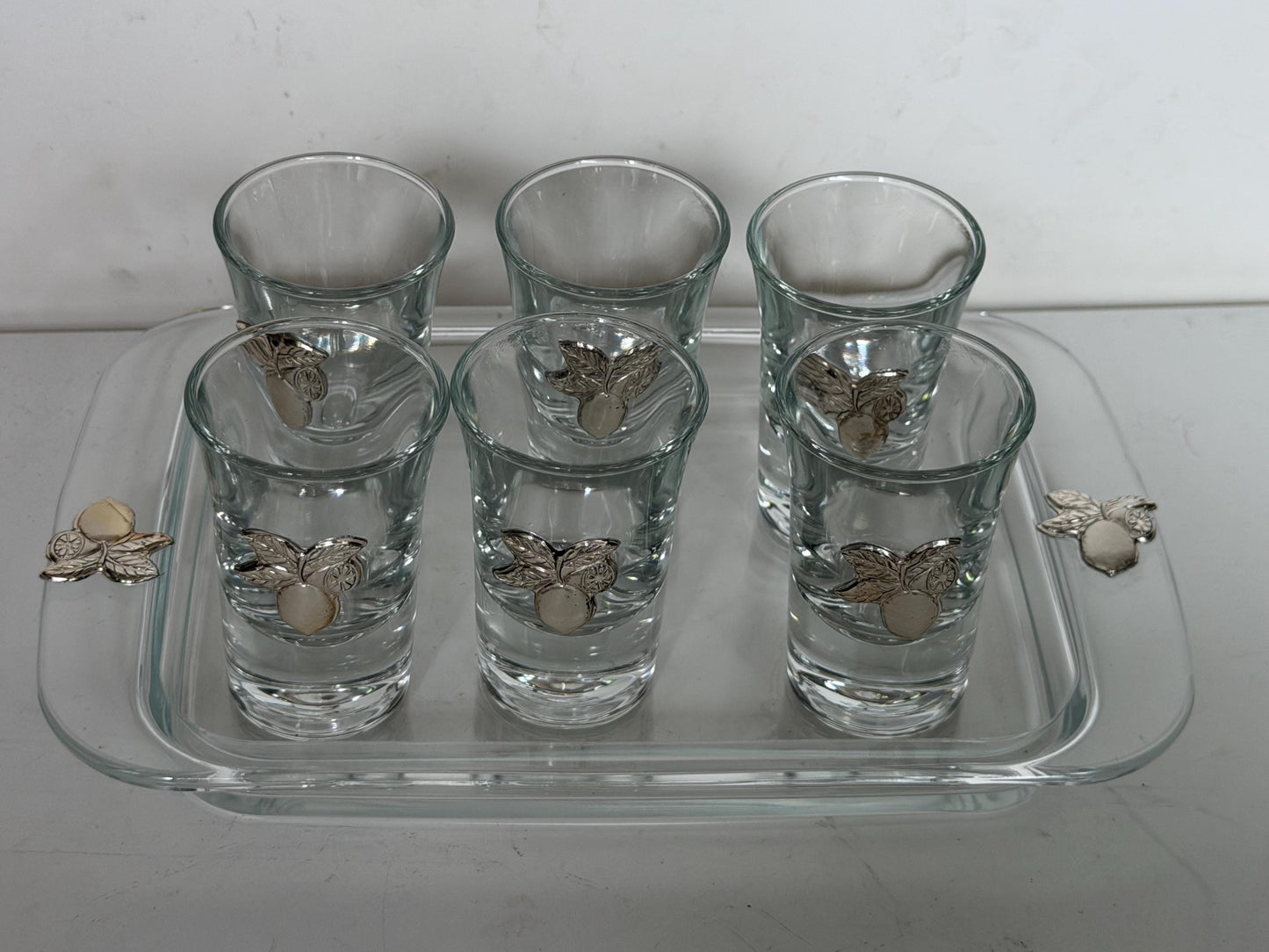 Limoncello 925 silver glasses on tray, liquer crystal , vintage italy,