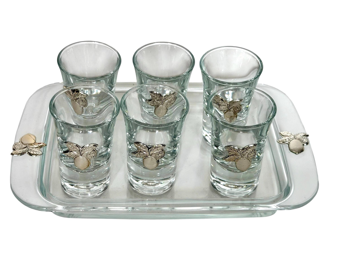 Limoncello 925 silver glasses on tray, liquer crystal , vintage italy,