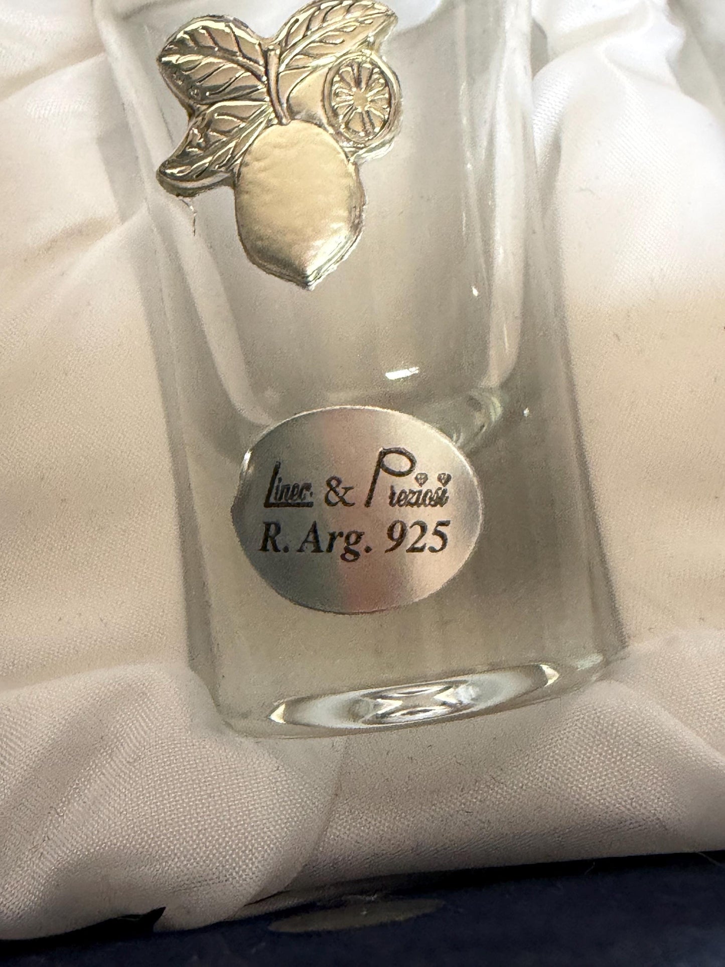 Limoncello 925 silver glasses in case, liquer crystal , vintage italy, marked, silver , italian