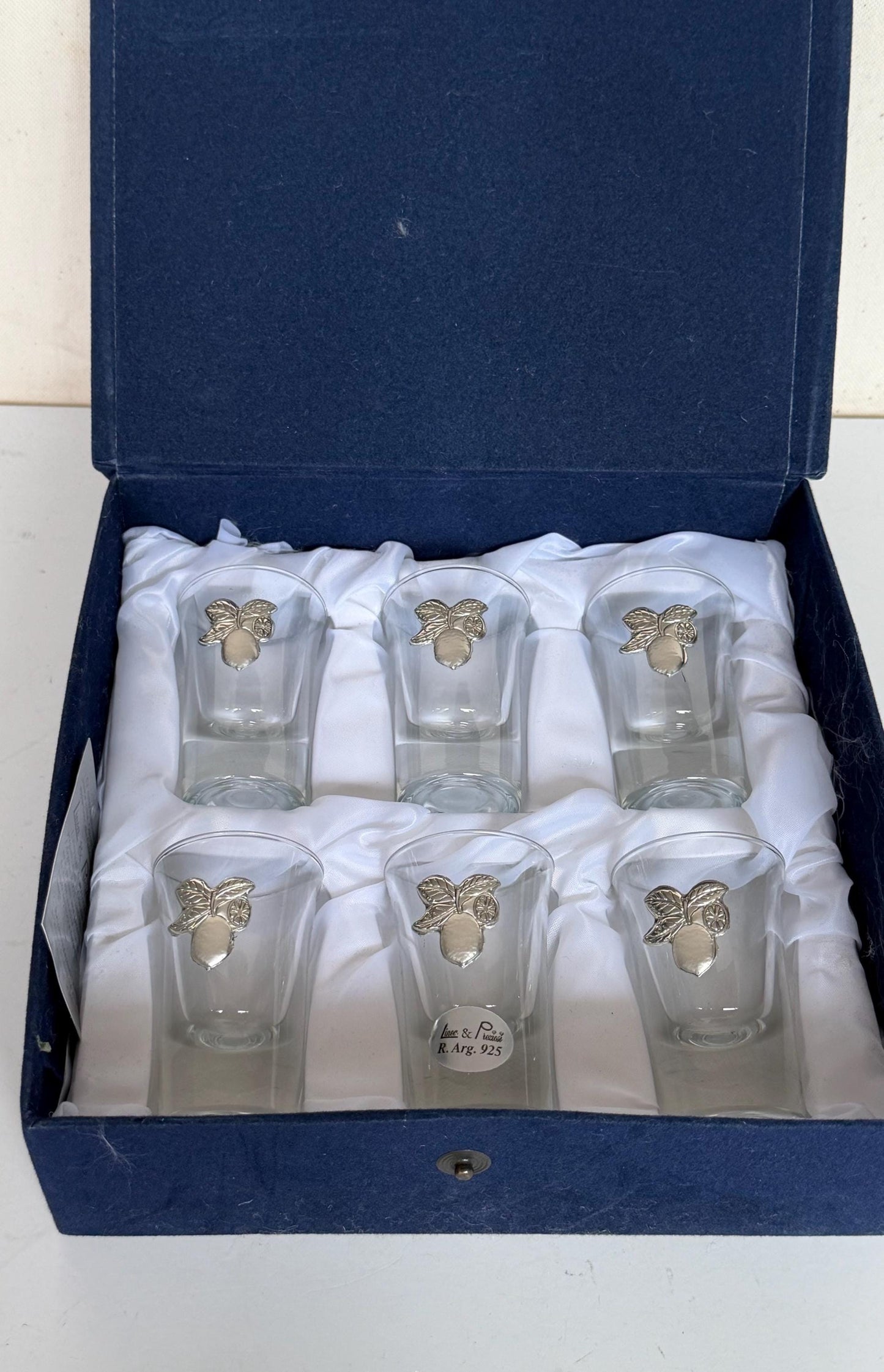 Limoncello 925 silver glasses in case, liquer crystal , vintage italy, marked, silver , italian