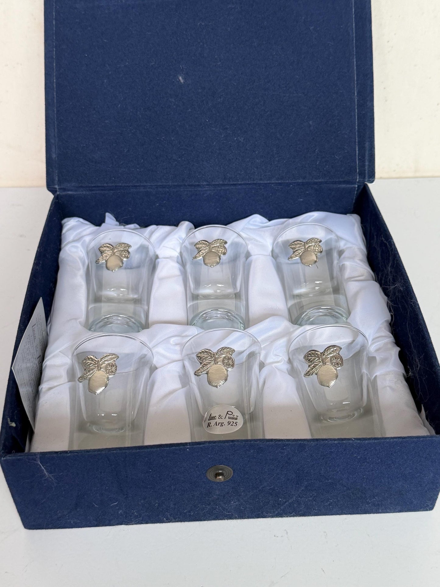 Limoncello 925 silver glasses in case, liquer crystal , vintage italy, marked, silver , italian