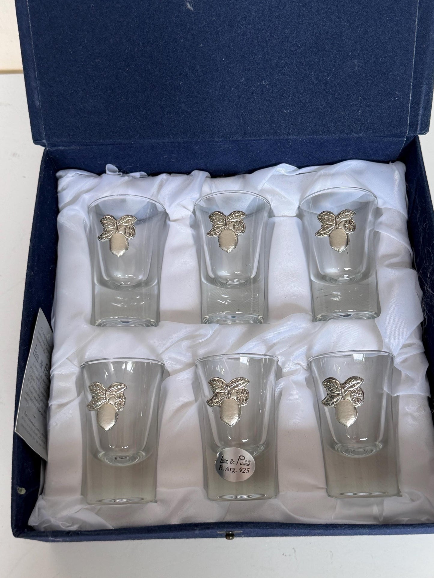 Limoncello 925 silver glasses in case, liquer crystal , vintage italy, marked, silver , italian