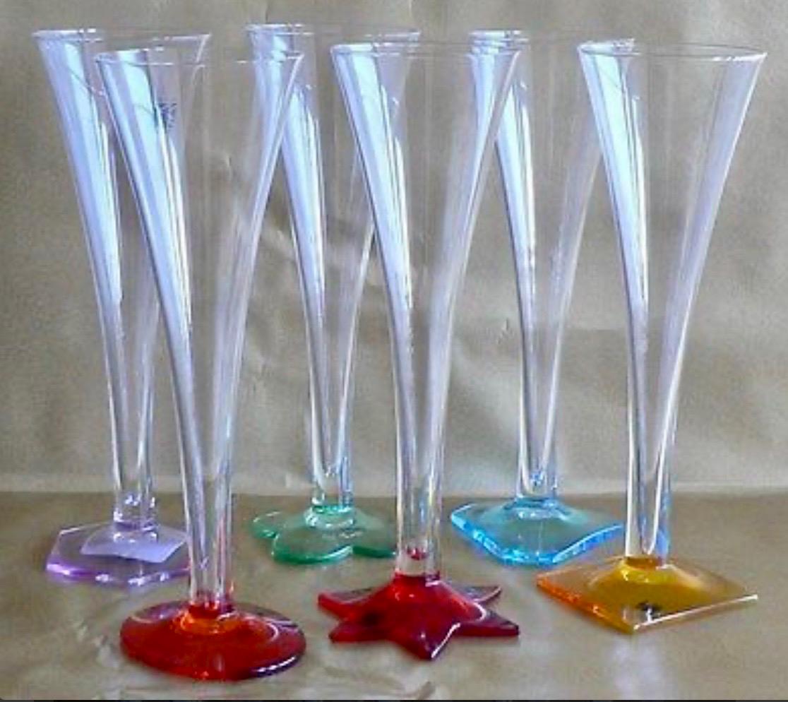 Set of 6 Carlo Moretti Murano Champagne Flutes, Signed Collectible Stem Glass exclusive designer luxury tableware Festa Colorata BICCHIERI