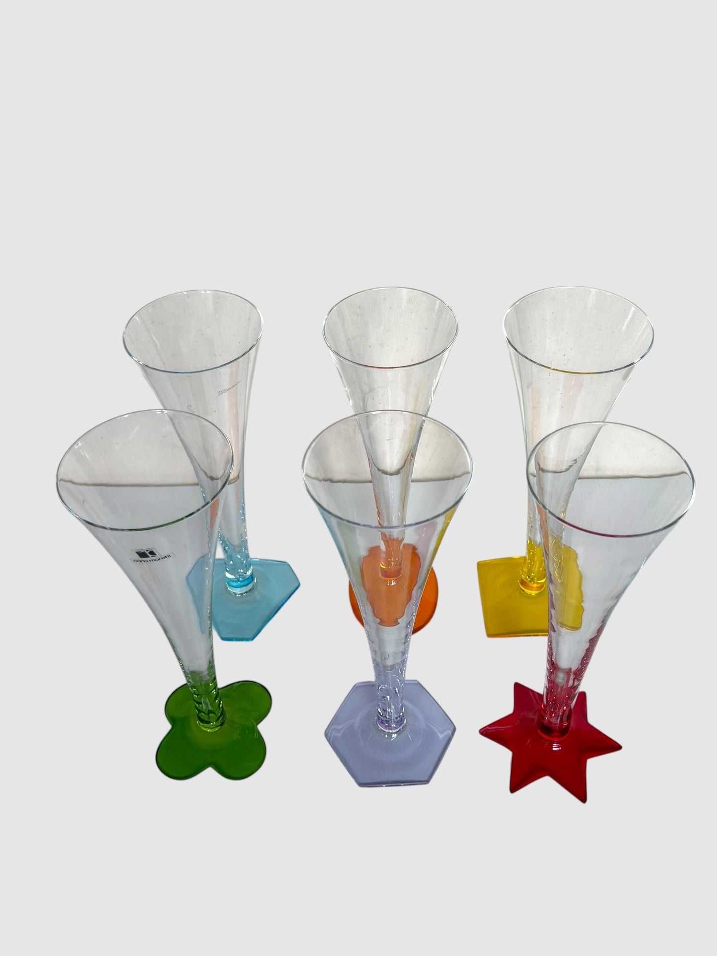 Set of 6 Carlo Moretti Murano Champagne Flutes, Signed Collectible Stem Glass exclusive designer luxury tableware Festa Colorata BICCHIERI