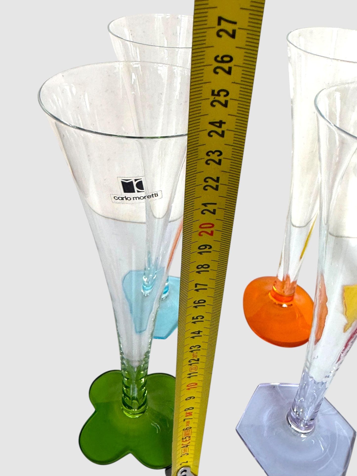 Set of 6 Carlo Moretti Murano Champagne Flutes, Signed Collectible Stem Glass exclusive designer luxury tableware Festa Colorata BICCHIERI