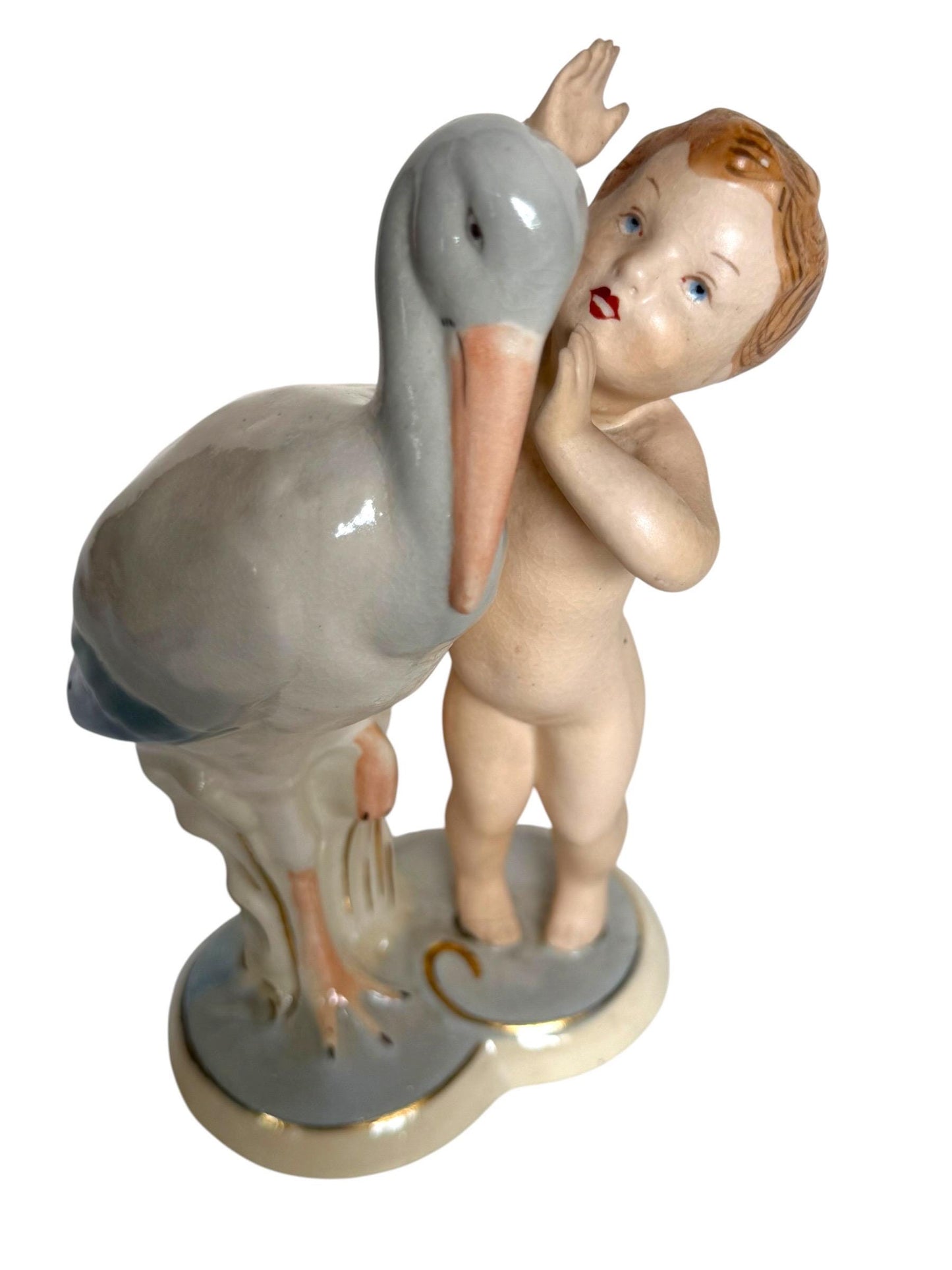 Antique Royal Dux Bohemia Porcelain Figurine – Child with Stork – ca. 1920 Birth nursery present collectible, pastel baby boy girl