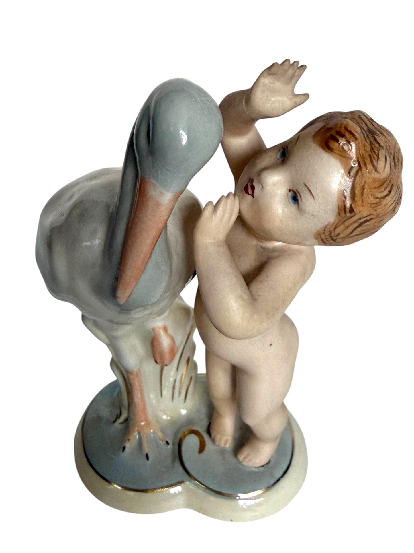 Antique Royal Dux Bohemia Porcelain Figurine – Child with Stork – ca. 1920 Birth nursery present collectible, pastel baby boy girl