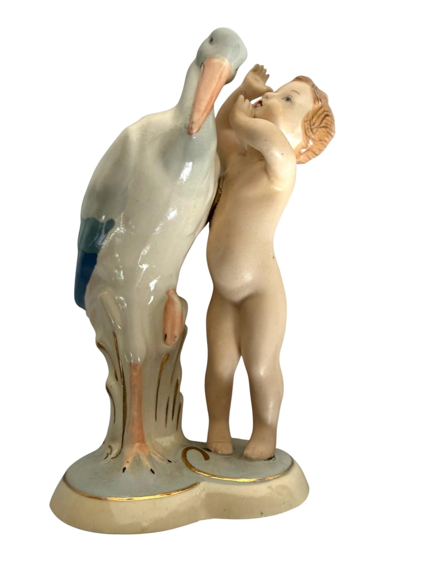 Antique Royal Dux Bohemia Porcelain Figurine – Child with Stork – ca. 1920 Birth nursery present collectible, pastel baby boy girl