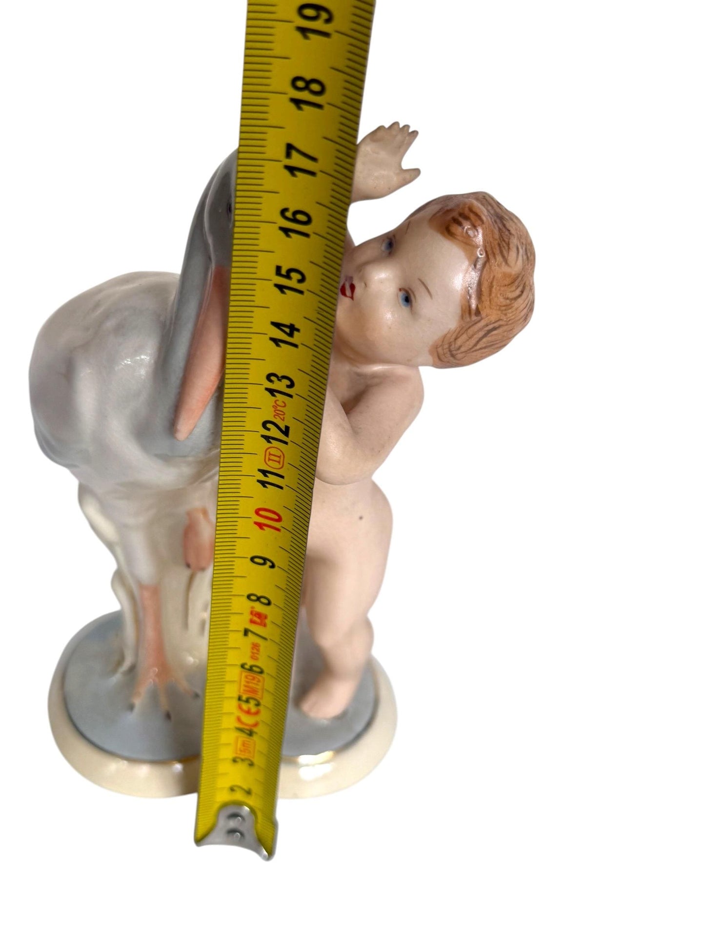 Antique Royal Dux Bohemia Porcelain Figurine – Child with Stork – ca. 1920 Birth nursery present collectible, pastel baby boy girl