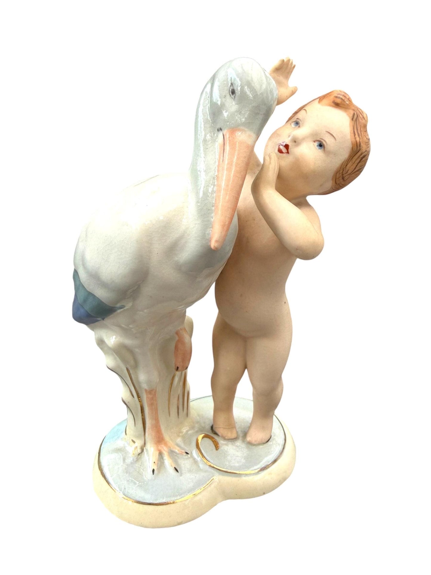 Antique Royal Dux Bohemia Porcelain Figurine – Child with Stork – ca. 1920 Birth nursery present collectible, pastel baby boy girl