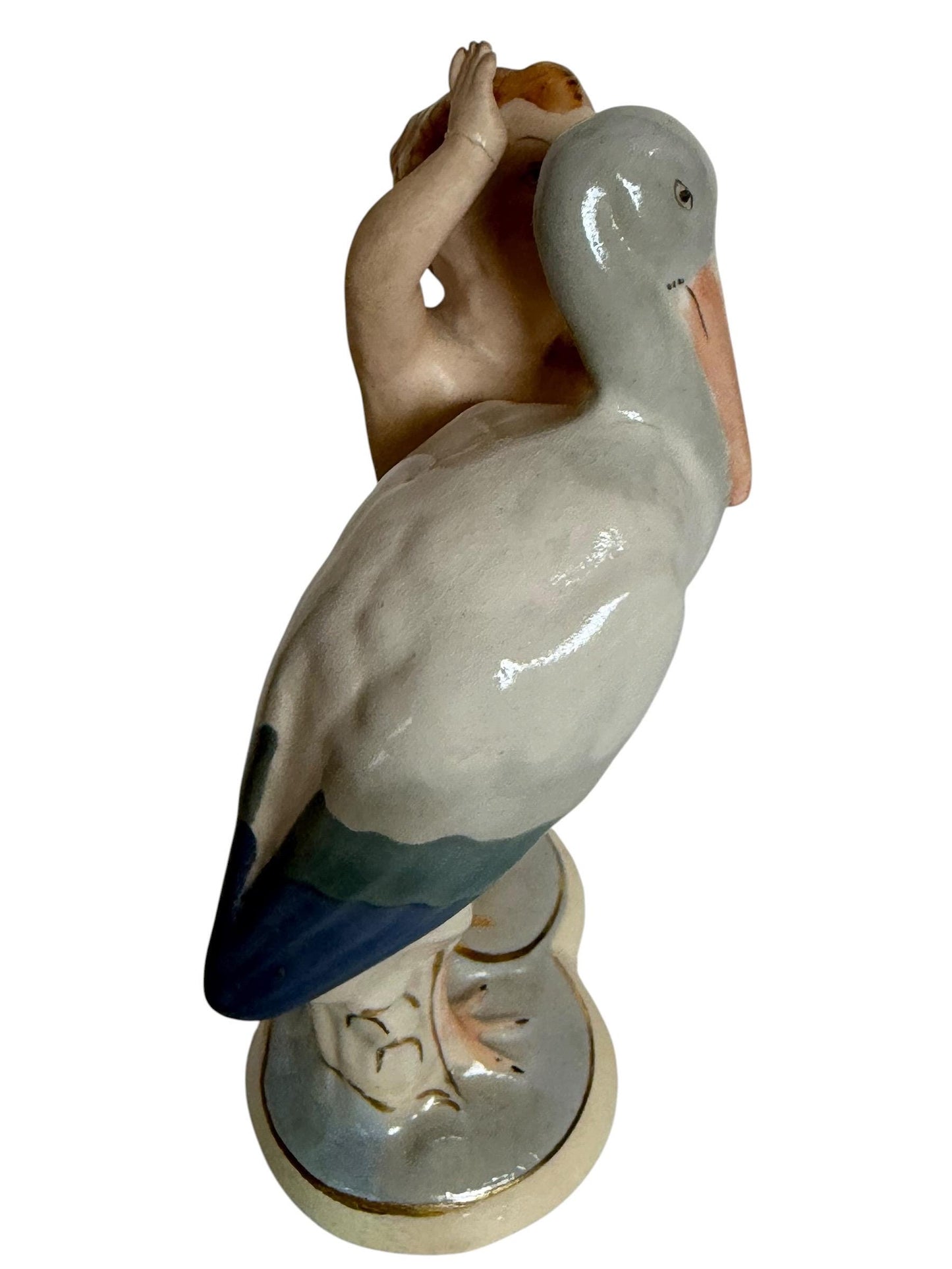 Antique Royal Dux Bohemia Porcelain Figurine – Child with Stork – ca. 1920 Birth nursery present collectible, pastel baby boy girl