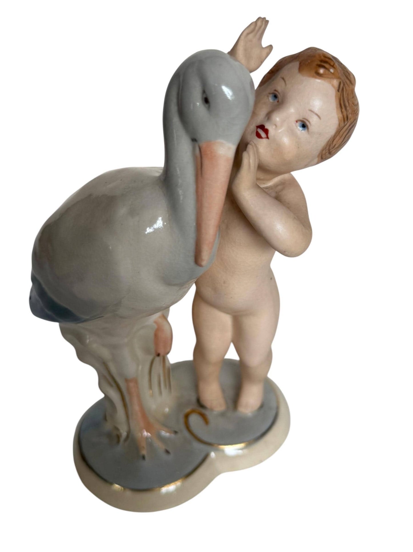 Antique Royal Dux Bohemia Porcelain Figurine – Child with Stork – ca. 1920 Birth nursery present collectible, pastel baby boy girl