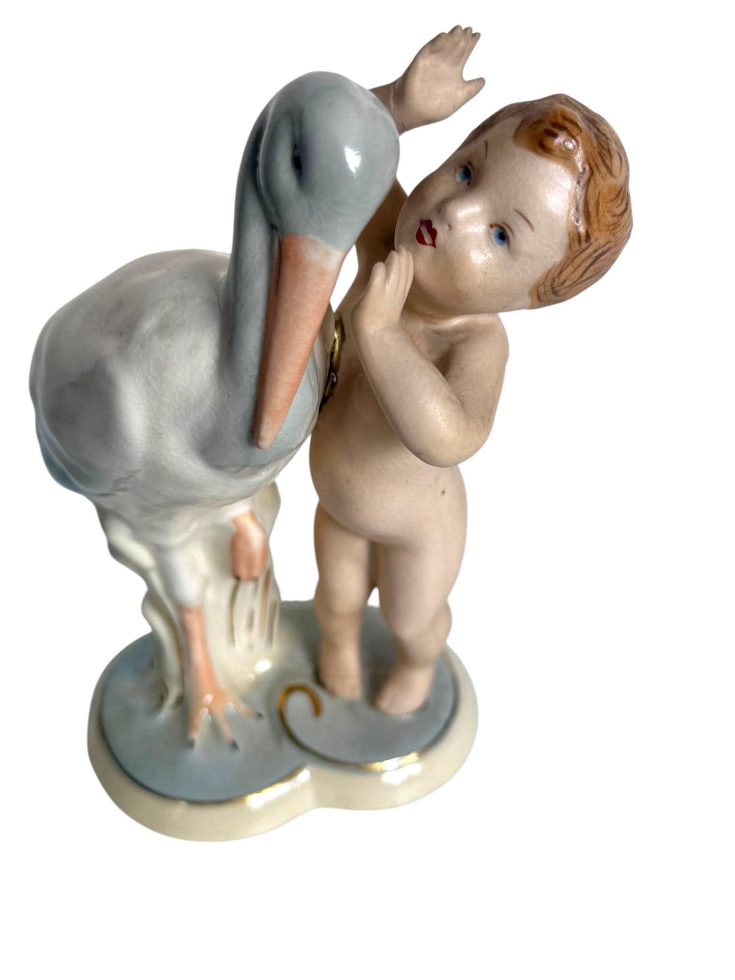 Antique Royal Dux Bohemia Porcelain Figurine – Child with Stork – ca. 1920 Birth nursery present collectible, pastel baby boy girl